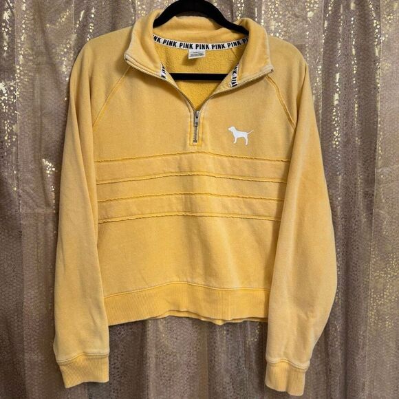 PINK Victorias Secret Golden Yellow Antiqued Quarter Zip Sweater Medium - Picture 1 of 6